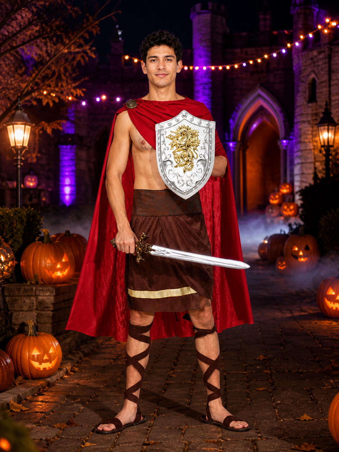 Men's Spartan Warrior Costume Set with Red Cape and Tunic, Ancient Greek Fancy Costume Capes detail 2