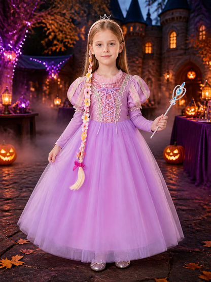 Girls Princess Costume Dress, Puffy Sleeve Tulle Ball Gown with Gold Lace Trim Costume Dresses detail 2
