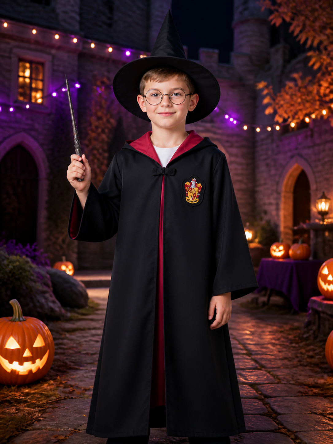 Kids Wizard Robe Costume Set, Hooded Black Cloak With Pointed Hat and Glasses Costume Capes detail 2