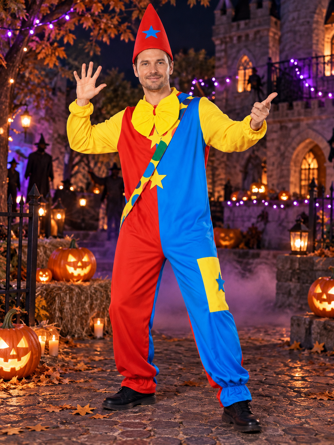 Adult Clown Costume with Hat and Stars, Yellow