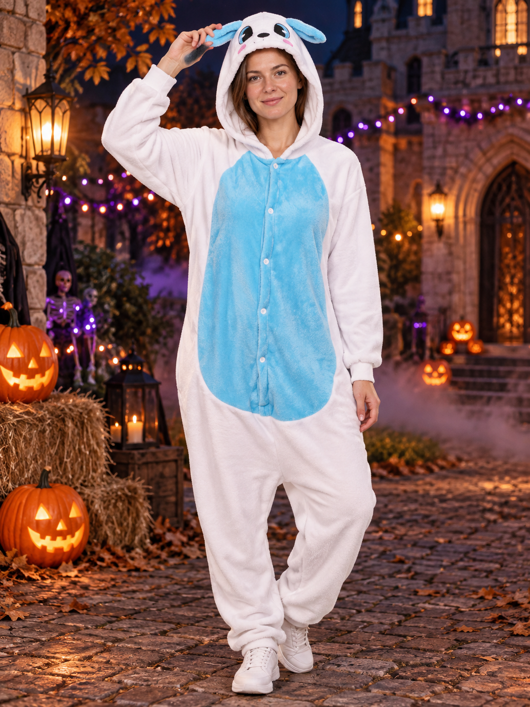 White and Blue Flannel Hooded Pajama Jumpsuit