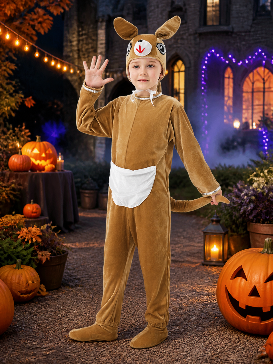 Kids Kangaroo Animal Onesie Costume, Brown and White with Hood, Tail, and Footed Costumes detail 2