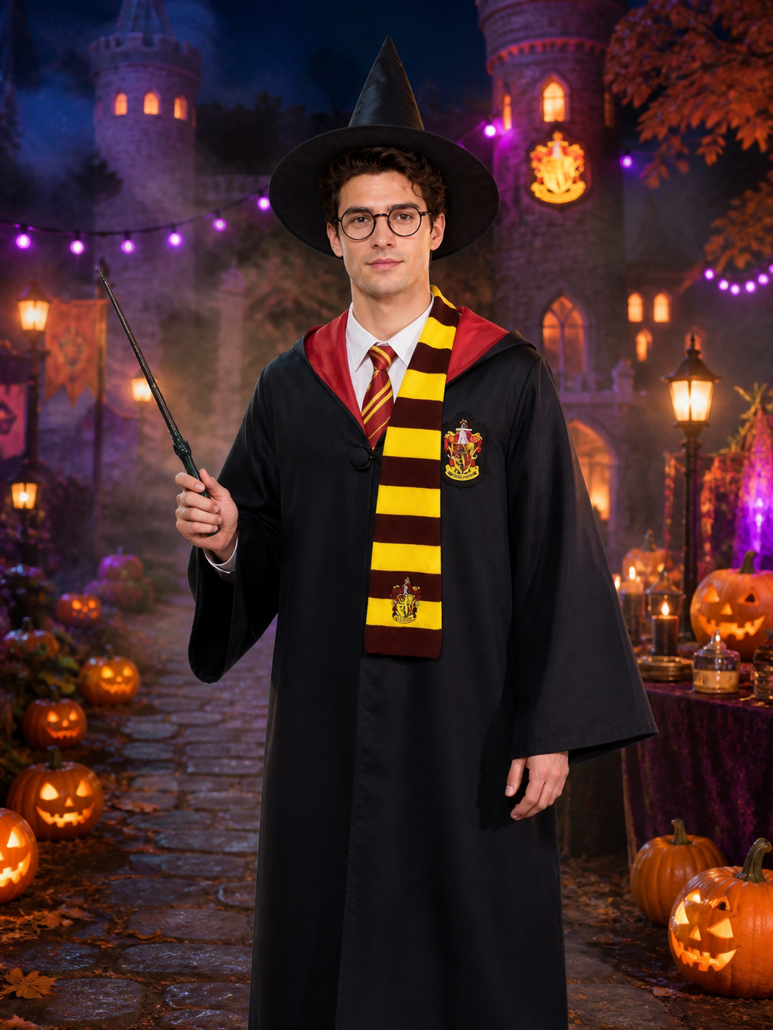 Wizard Costume Set with Robe, Hat, Scarf, Glasses, Wand, Shirt and Tie