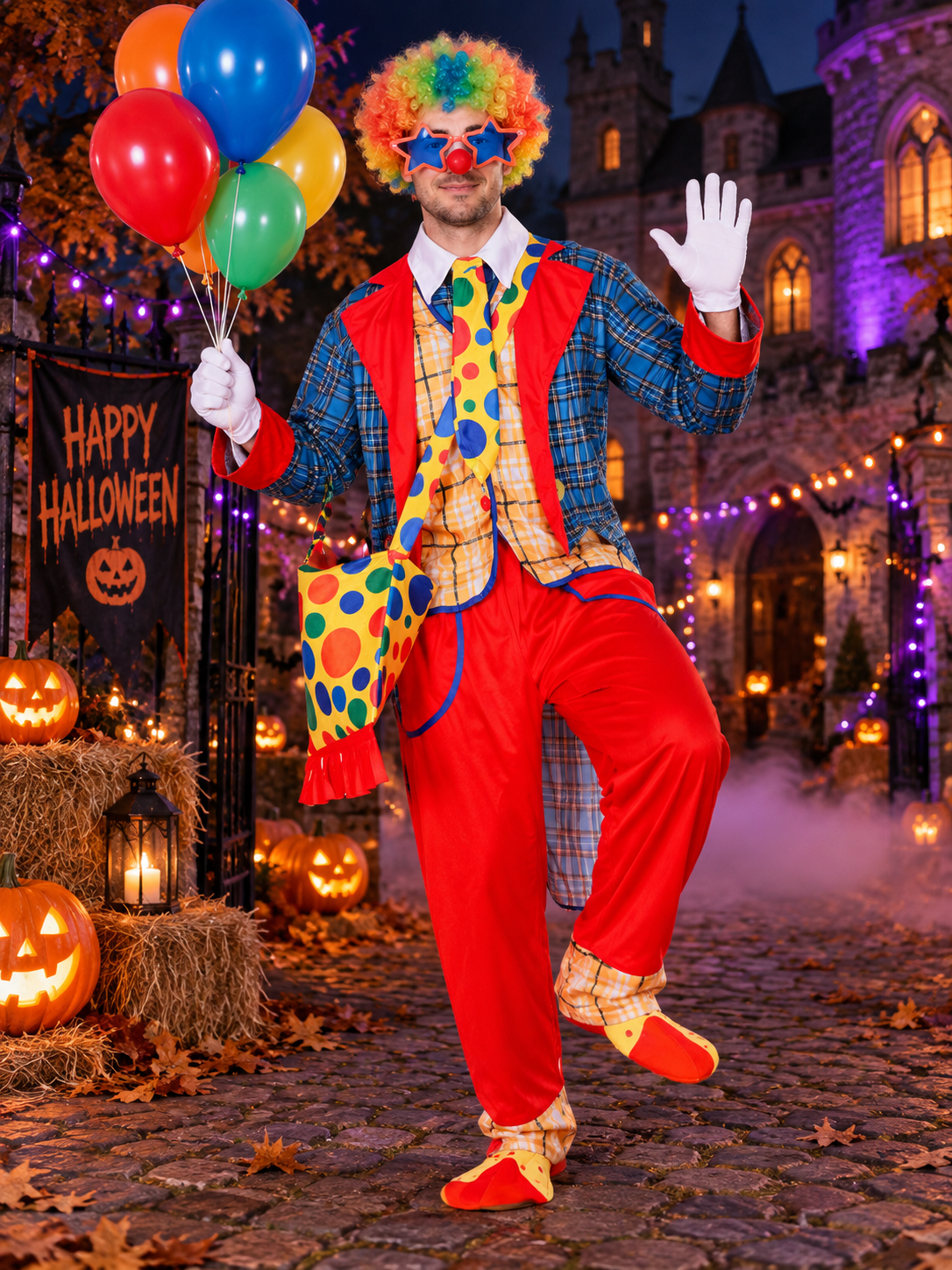 Bright Clown Costume with Wig, Clown Nose, and Gloves
