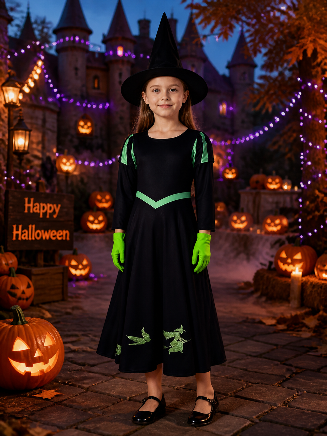 Witch Costume Set With Hat And Gloves, Black And Green Long Sleeve Dress With Costume Dresses detail 2
