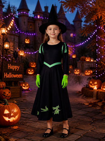 Witch Costume Set With Hat And Gloves, Black And Green Long Sleeve Dress With Costume Dresses detail 2