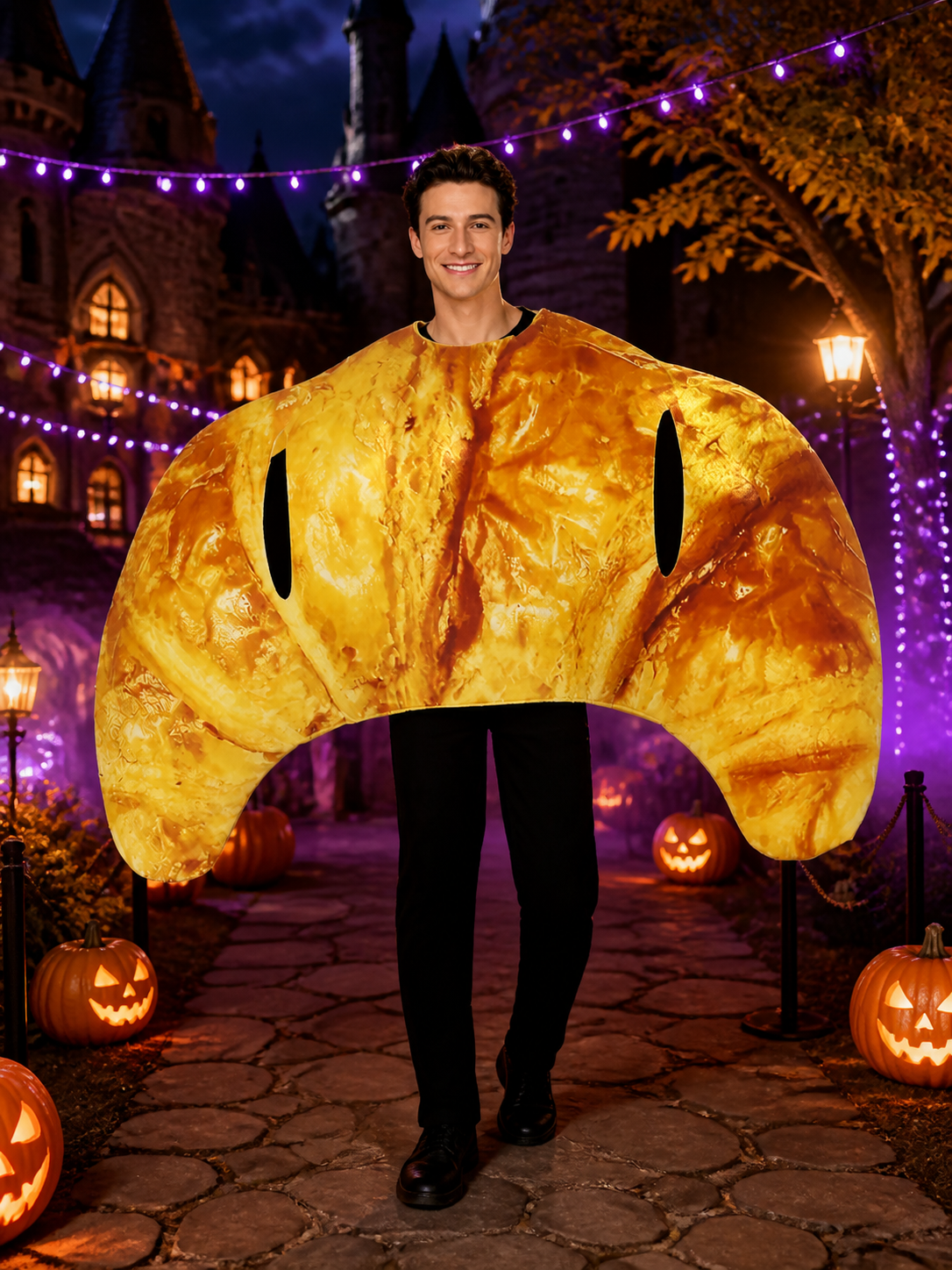 Adult Croissant Jumpsuit Costume, Funny Food Character Outfit for Halloween Costumes detail 2