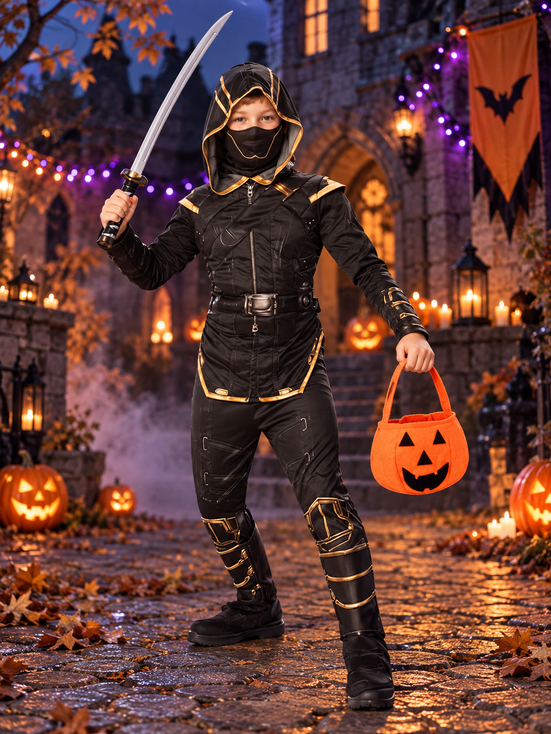 Kids' Ninja Carnival Costume Black with Mask and Sword