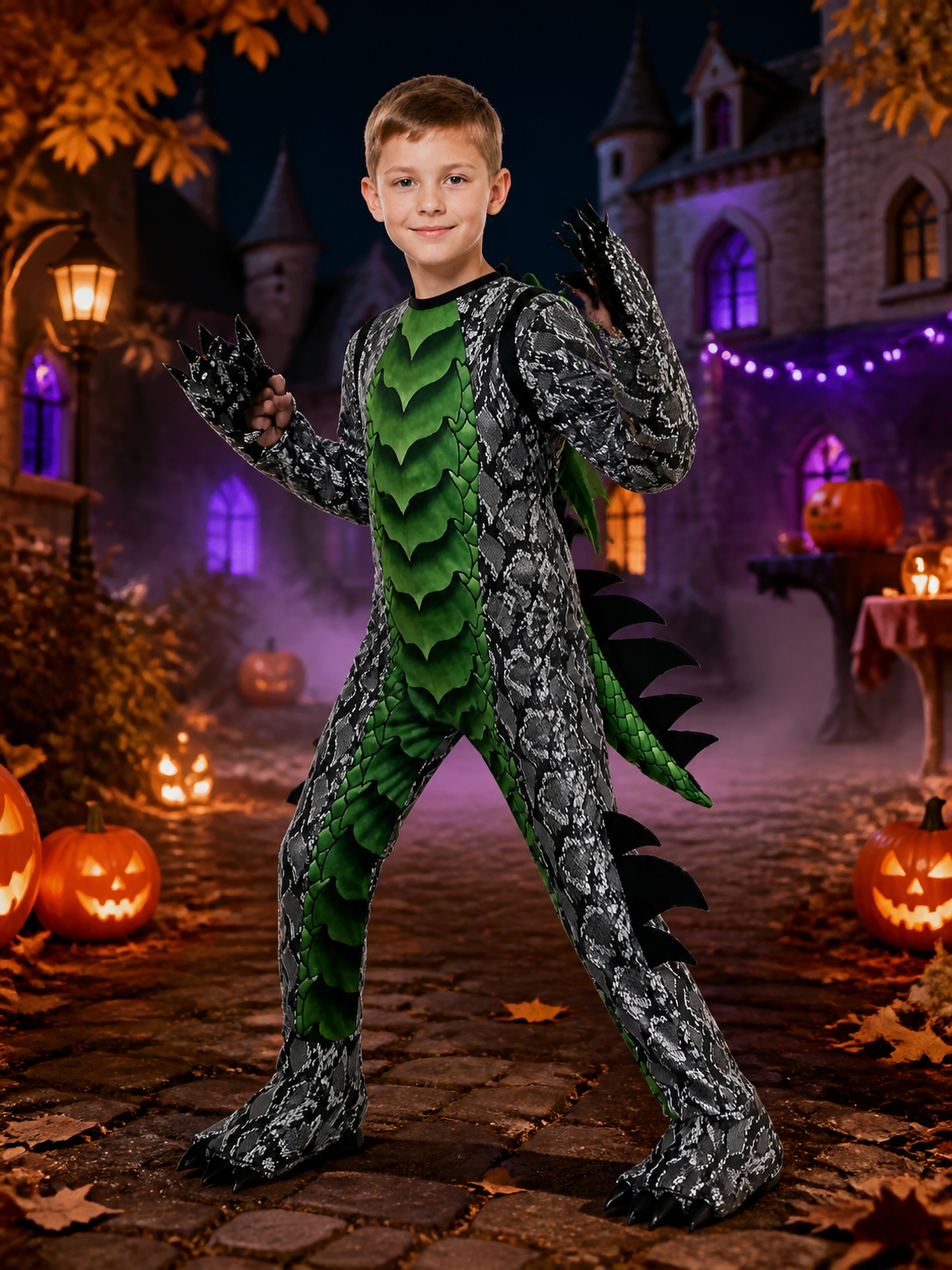 Dinosaur Dragon Jumpsuit Costume With Mask, Wings, Tail And Spikes Costume Masks detail 2