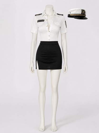 Women's Police Officer Costume Set, White Short Sleeve Top & Black Skirt with Costumes detail