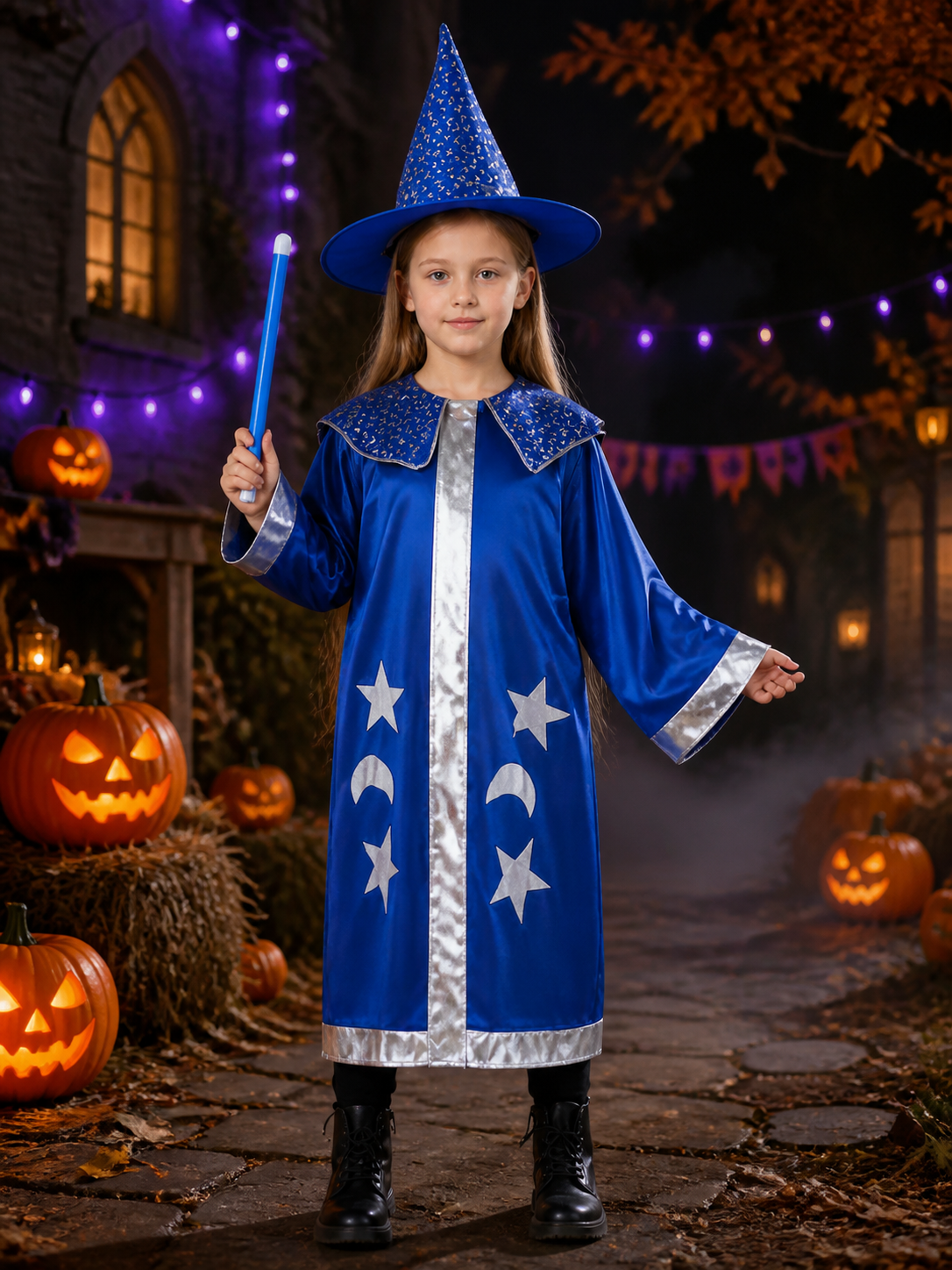 Wizard Costume Set with Blue Cape and Pointed Hat, Star and Moon Silver Trim for Costume Capes detail 2