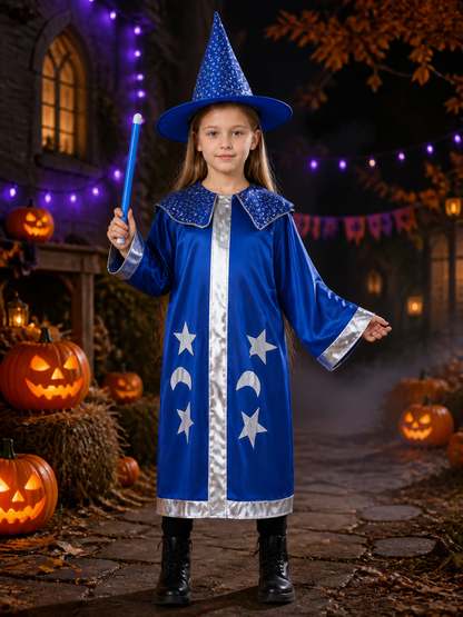 Wizard Costume Set with Blue Cape and Pointed Hat, Star and Moon Silver Trim for Costume Capes detail 2