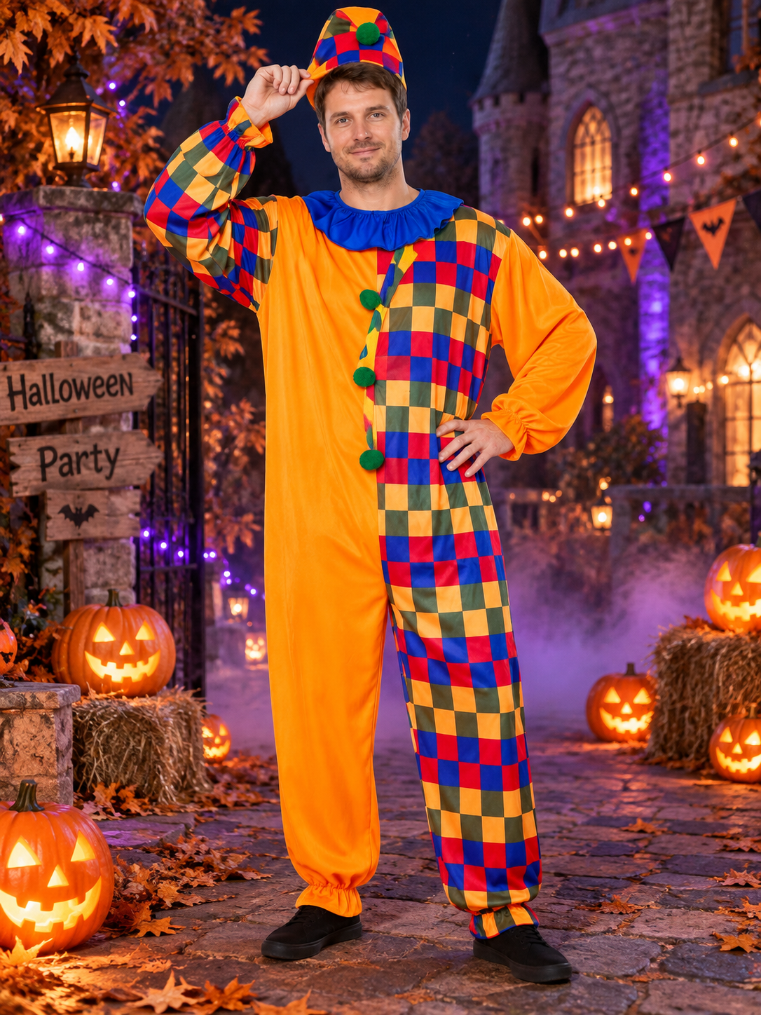 Bright Adult Clown Costume with Ruffle Collar and Hat