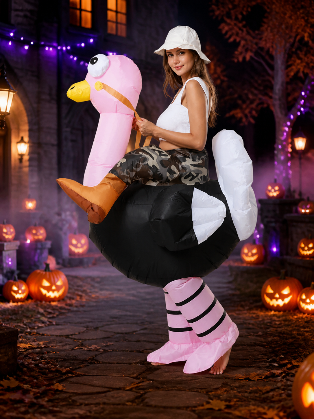 Inflatable Ostrich Costume Bodysuit with Pink Neck, Funny Halloween Outfit