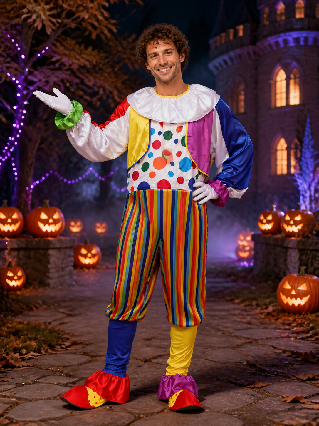 Adult Clown Costume Set - Multicolor Polka Dot Jumpsuit with Striped Pants and Costumes detail 2