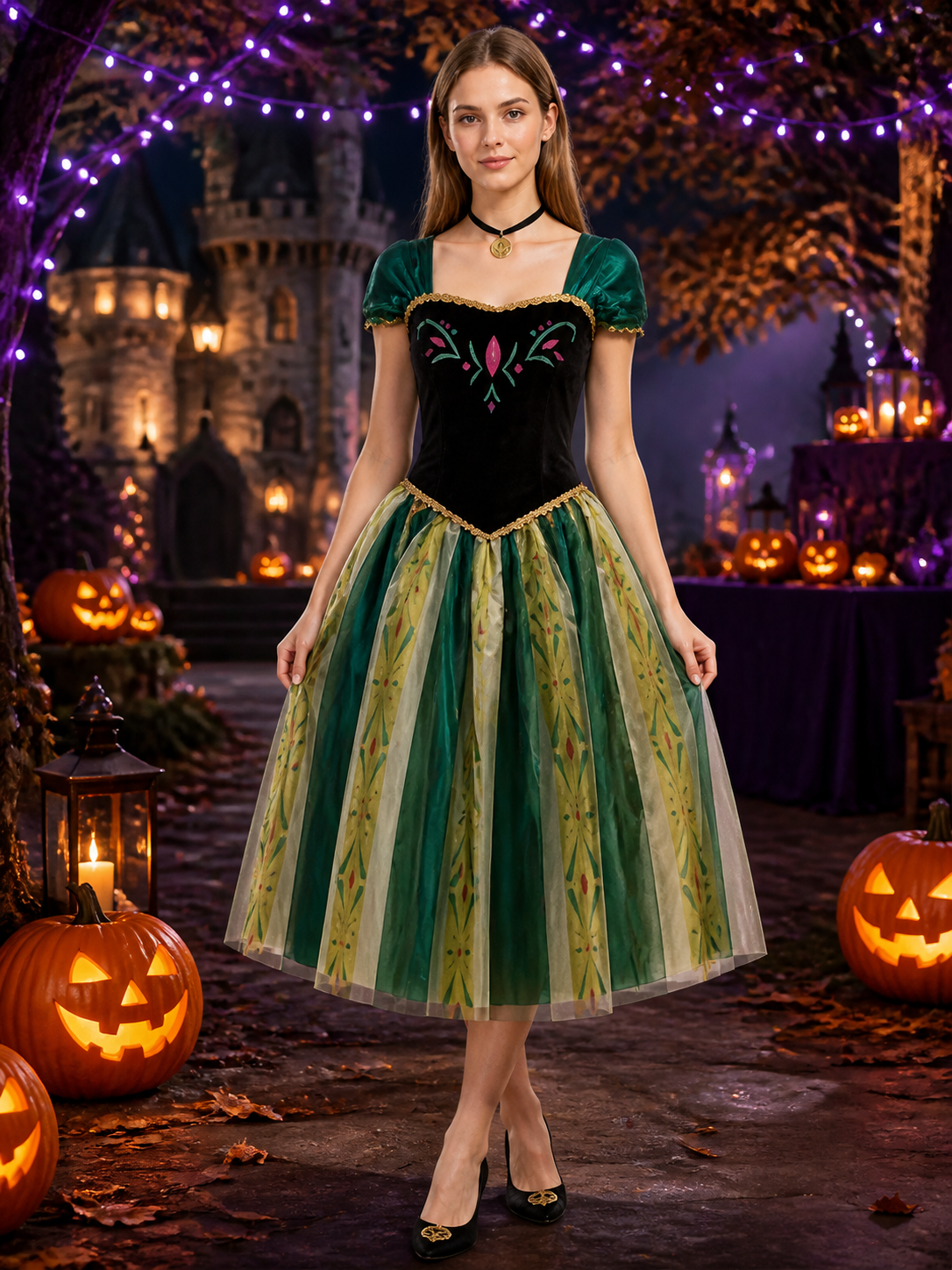 Adult Princess Cosplay Dress, Embroidered Green Black Gold Gown With Necklace Costume Dresses detail 2