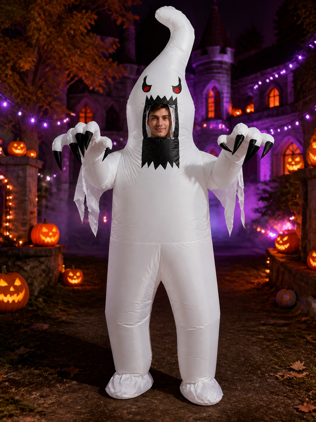 Inflatable White Monster Costume with Red Eyes and Black Claws for Halloween Costumes detail 2
