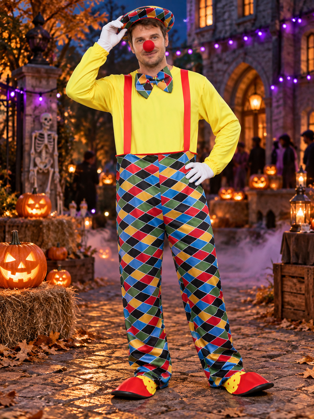 Adult Clown Costume with Hat and Bow Tie