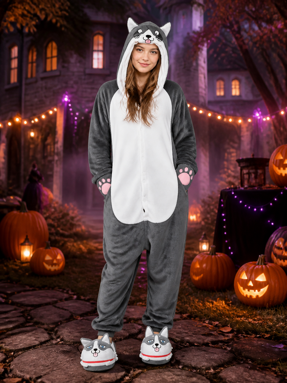 Husky Animal Hooded Jumpsuit Costume, Gray and White with Pink Paw Prints Costumes detail 2