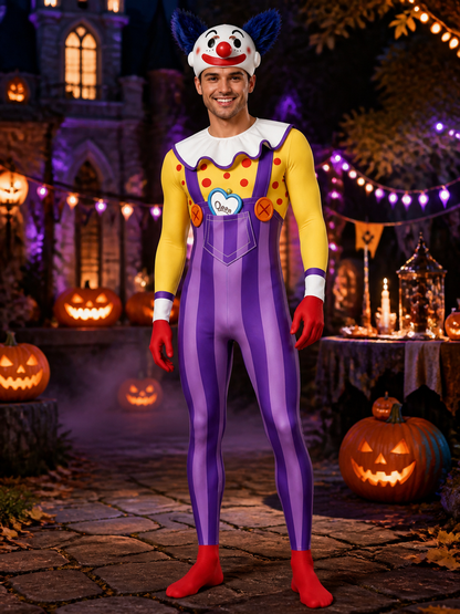 Giggling Clown Jumpsuit, Purple Striped Bib Overalls with Ruffled Collar on-model Halloween scene view