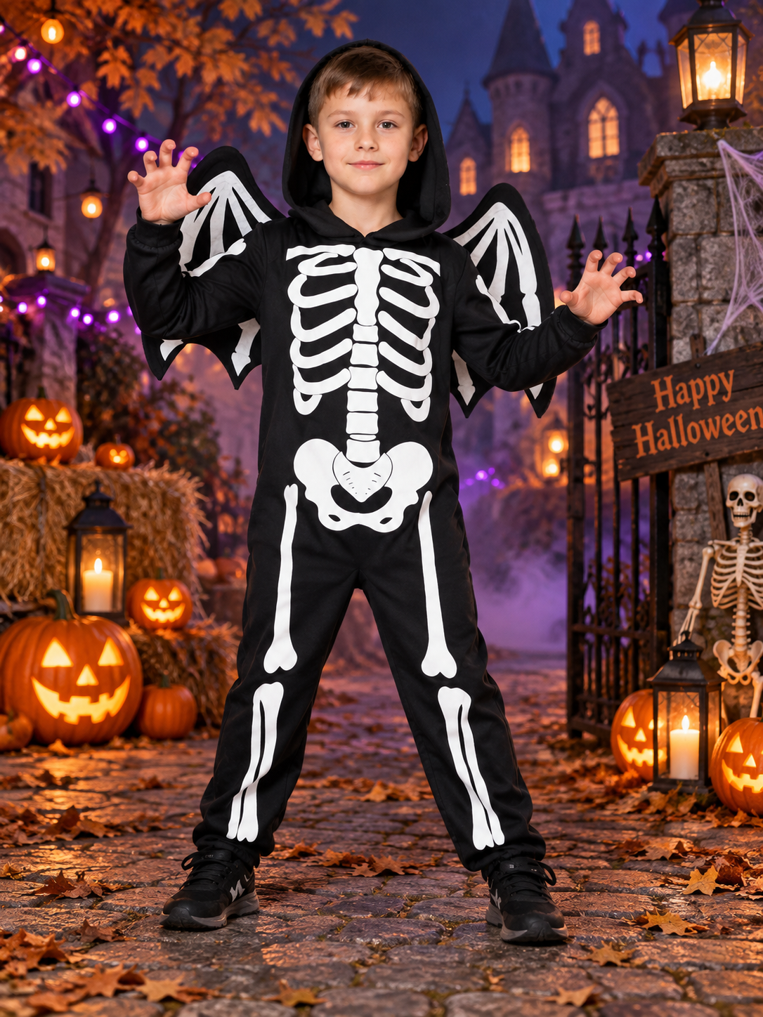 Kids' Skeleton Carnival Costume with Hood and Wings