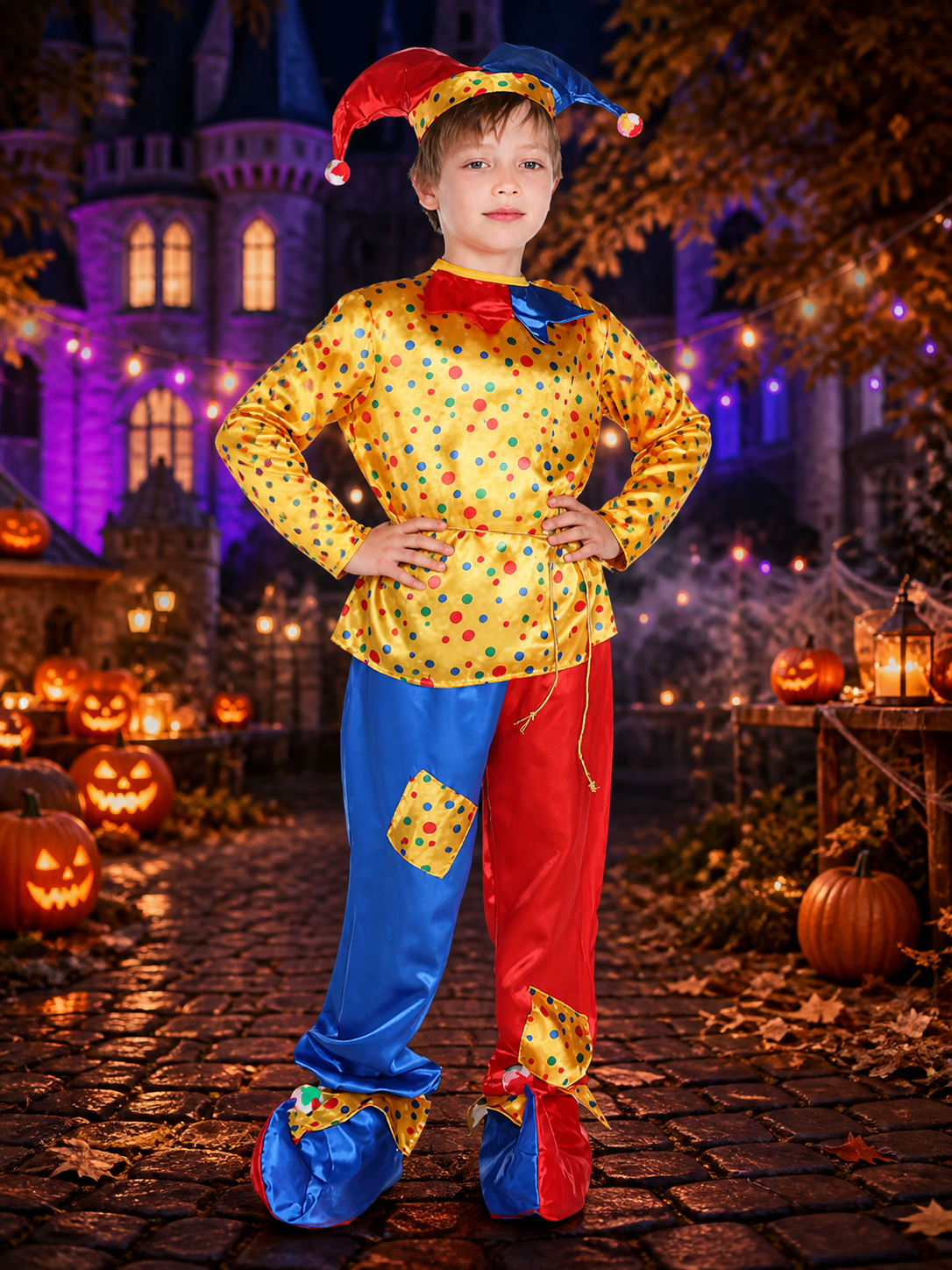 Boys' Clown Circus Costume Set With Polka Dots, Colorblock Pants And Hat Costume Headwear detail 2