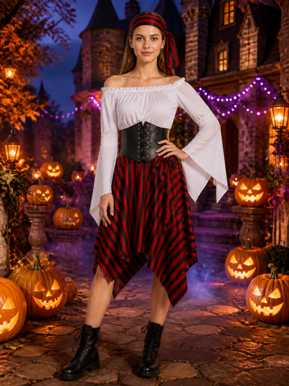 Women's Pirate Costume Set with Off Shoulder Top, Striped Skirt, Corset Belt & Costumes detail 2
