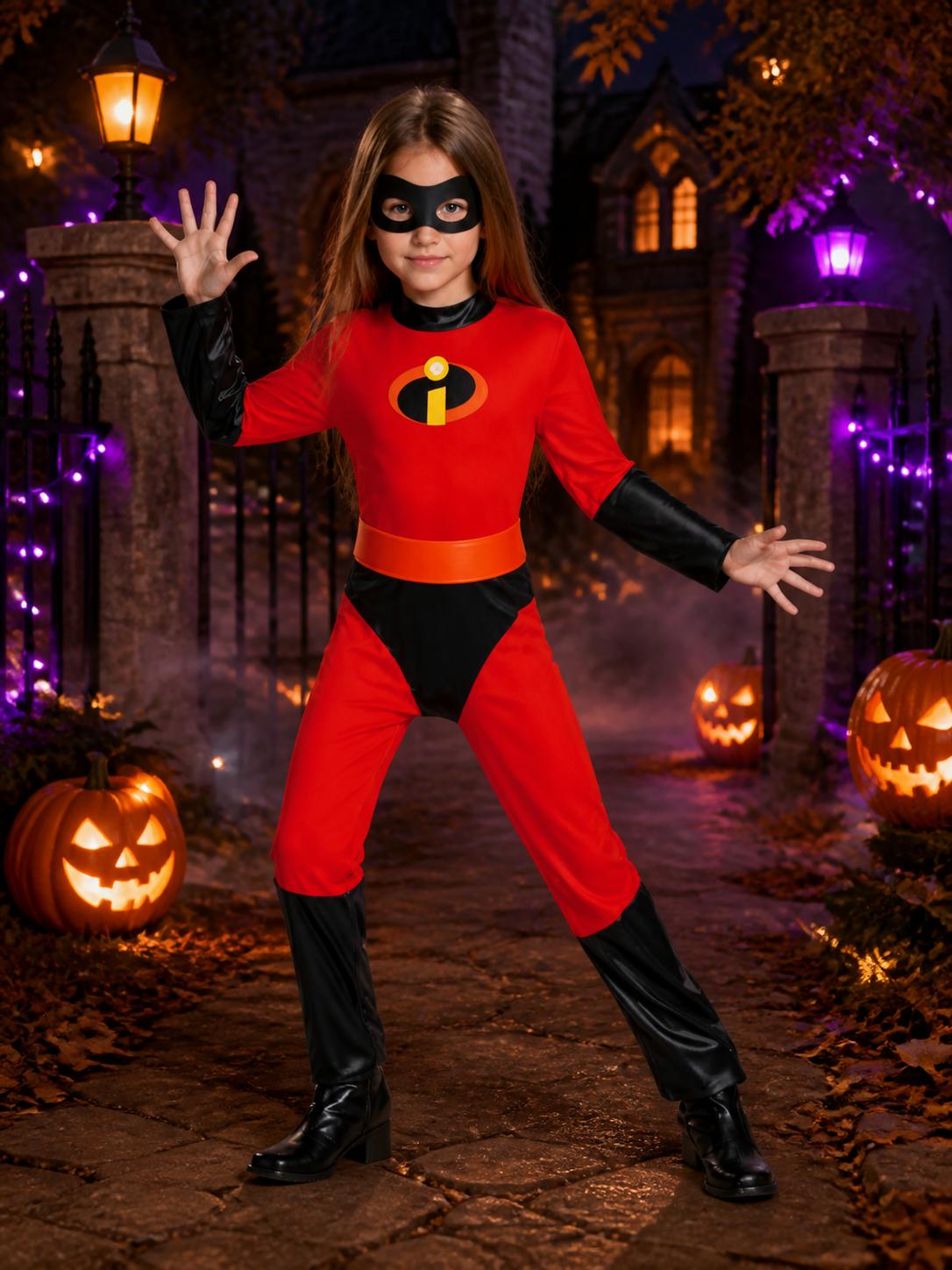 Kids Superhero Bodysuit Costume, Red Jumpsuit with Black Eye Mask, Chest Emblem Costume Masks detail 2