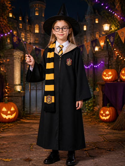 Wizard Robe Costume Set With Pointed Hat, Striped Scarf, Tie, Glasses And Wand Costume Headwear detail 2