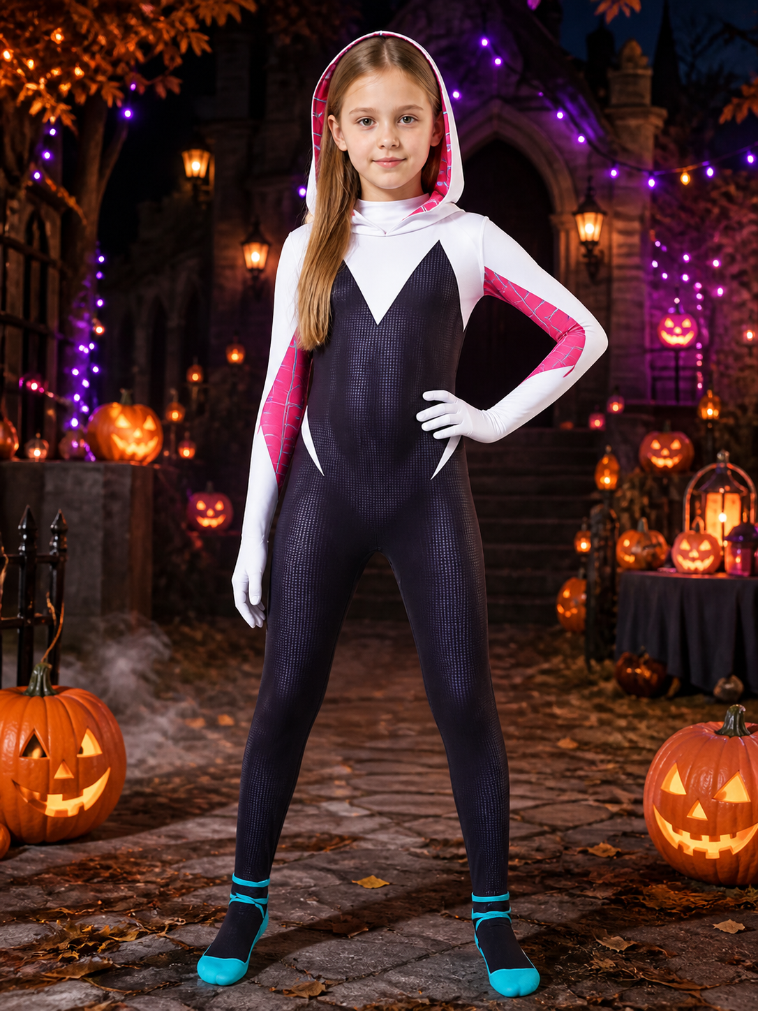 Kids' Gwen Spider Character Hooded Bodysuit Costume Costumes detail 2