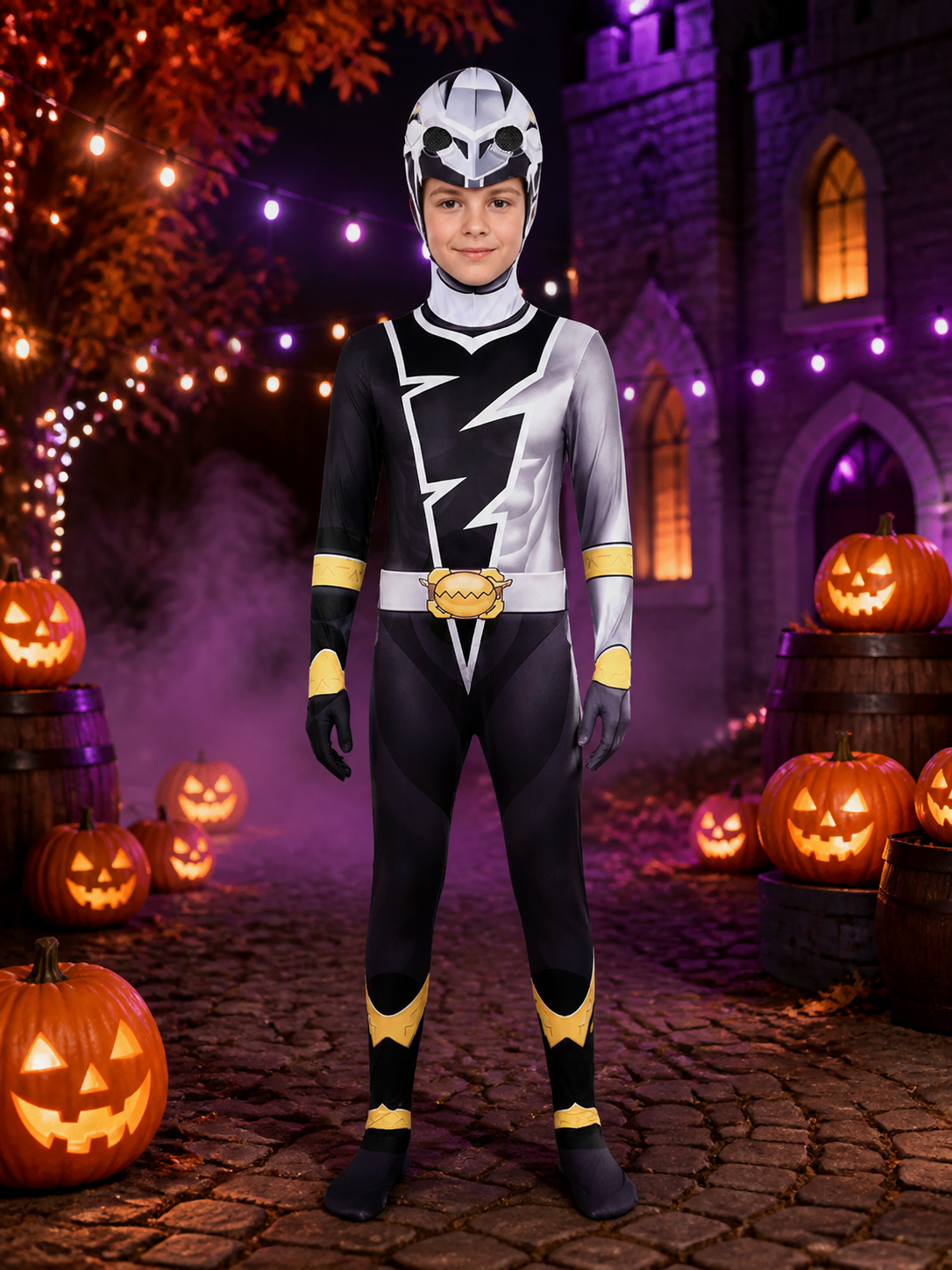 Unisex Halloween Bodysuit Costume with Hood, Black White Yellow Lightning Print on-model Halloween scene view