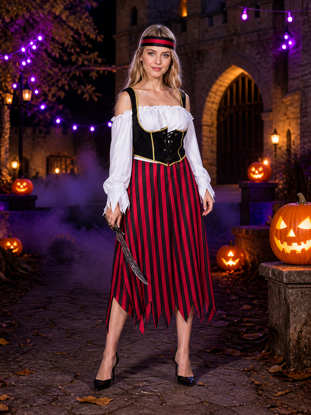 Women's Pirate Costume Set, Red Black Striped Dress with Gold Trim, Halloween Costume Dresses detail 2