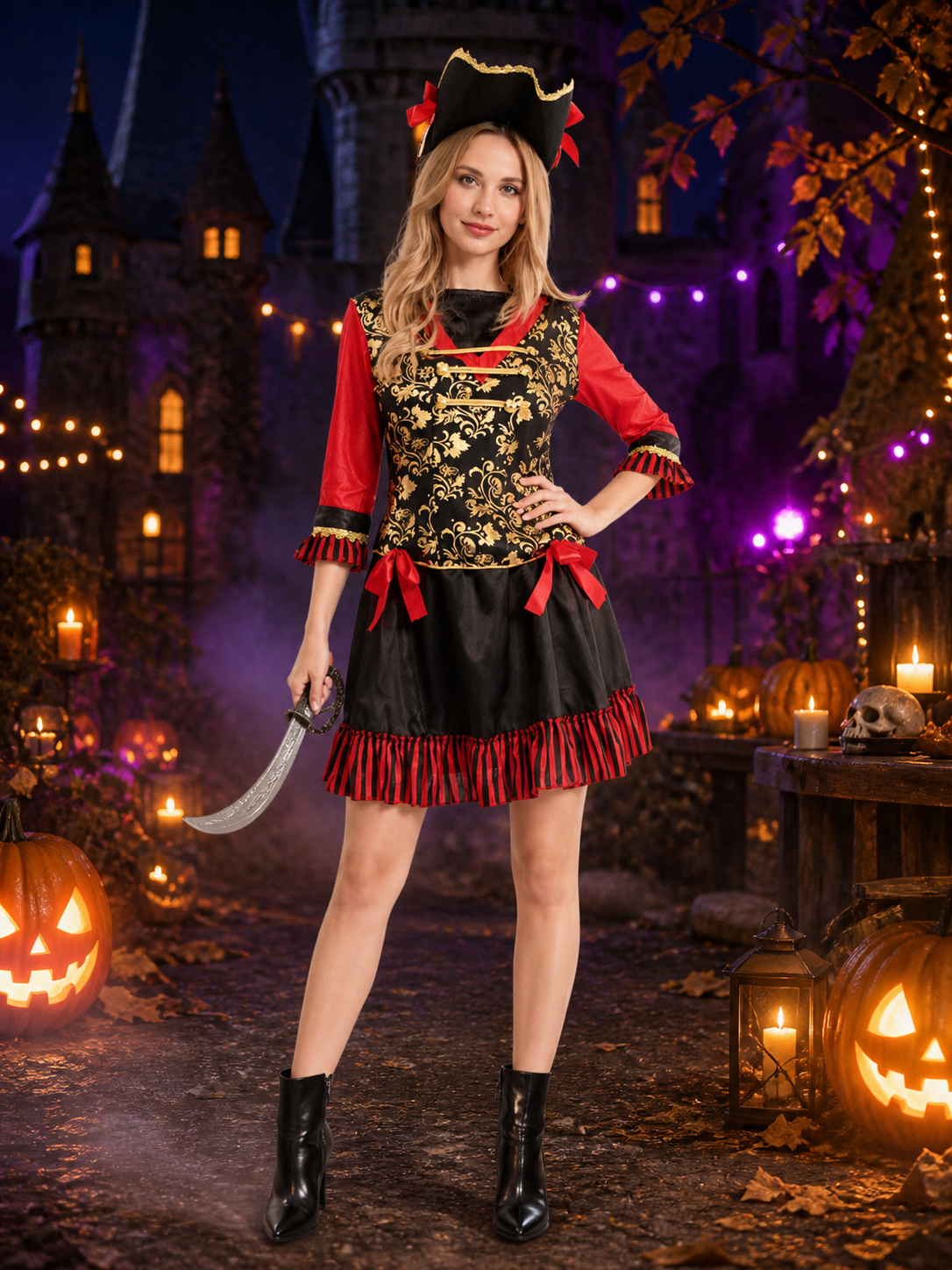 Women's Pirate Captain Halloween Costume Set with Red Black Gold Ruffles and Hat Costume Headwear detail 2
