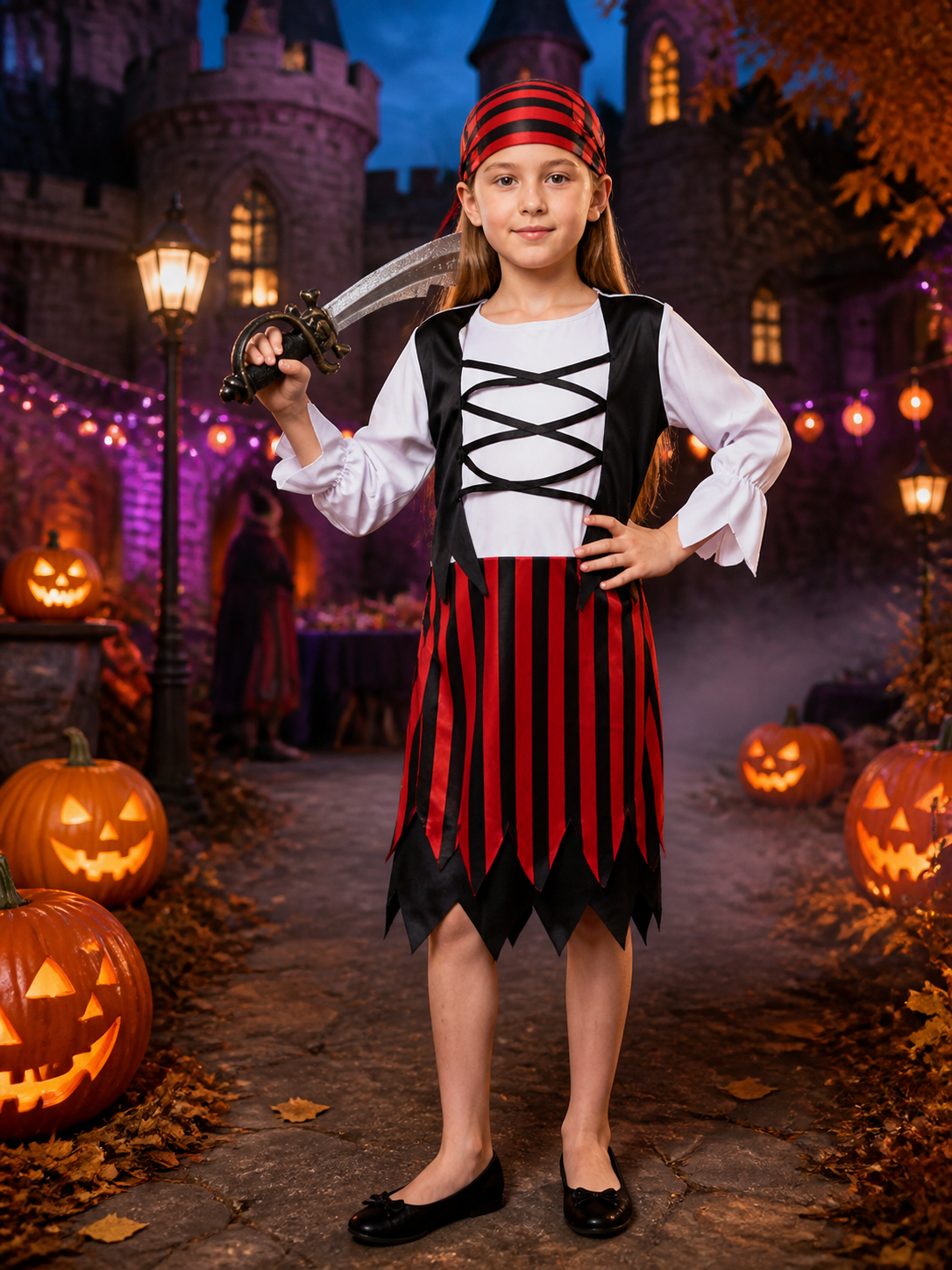 Kids' Red Black Pirate Costume Set with Striped Skirt and Hat, Halloween Outfit