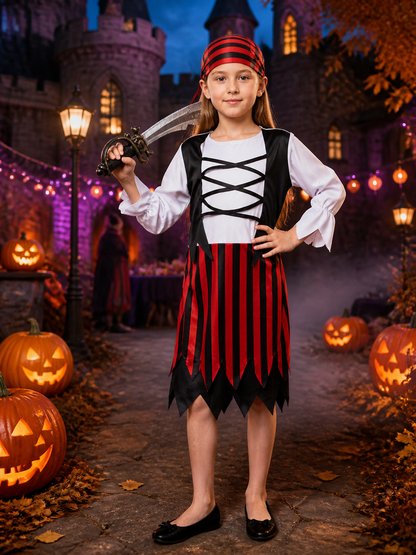 Kids' Red Black Pirate Costume Set with Striped Skirt and Hat, Halloween Outfit