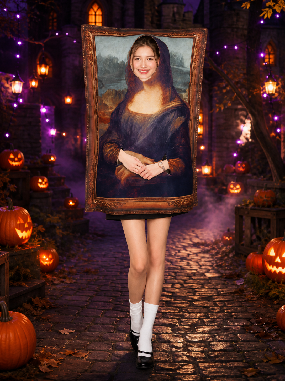 Unisex Mona Lisa Painting Bodysuit Halloween Costume, Funny Retro Parody Costumes detail 2