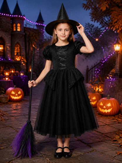 Kids' Witch Costume Set with Hat, Layered Tulle Dress, Halloween Outfit Costume Dresses detail 2