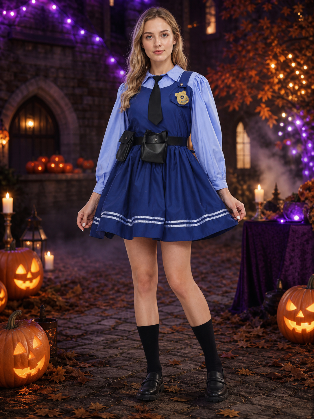 Women's Police Officer Costume Dress, Blue Short Outfit with Badge and Belt Costume Dresses detail 2