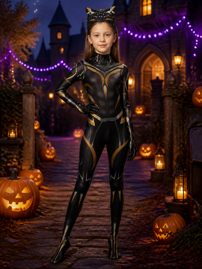 Panther Superhero Bodysuit Costume With Cat-Ear Hood and Geometric Print Costumes detail 2
