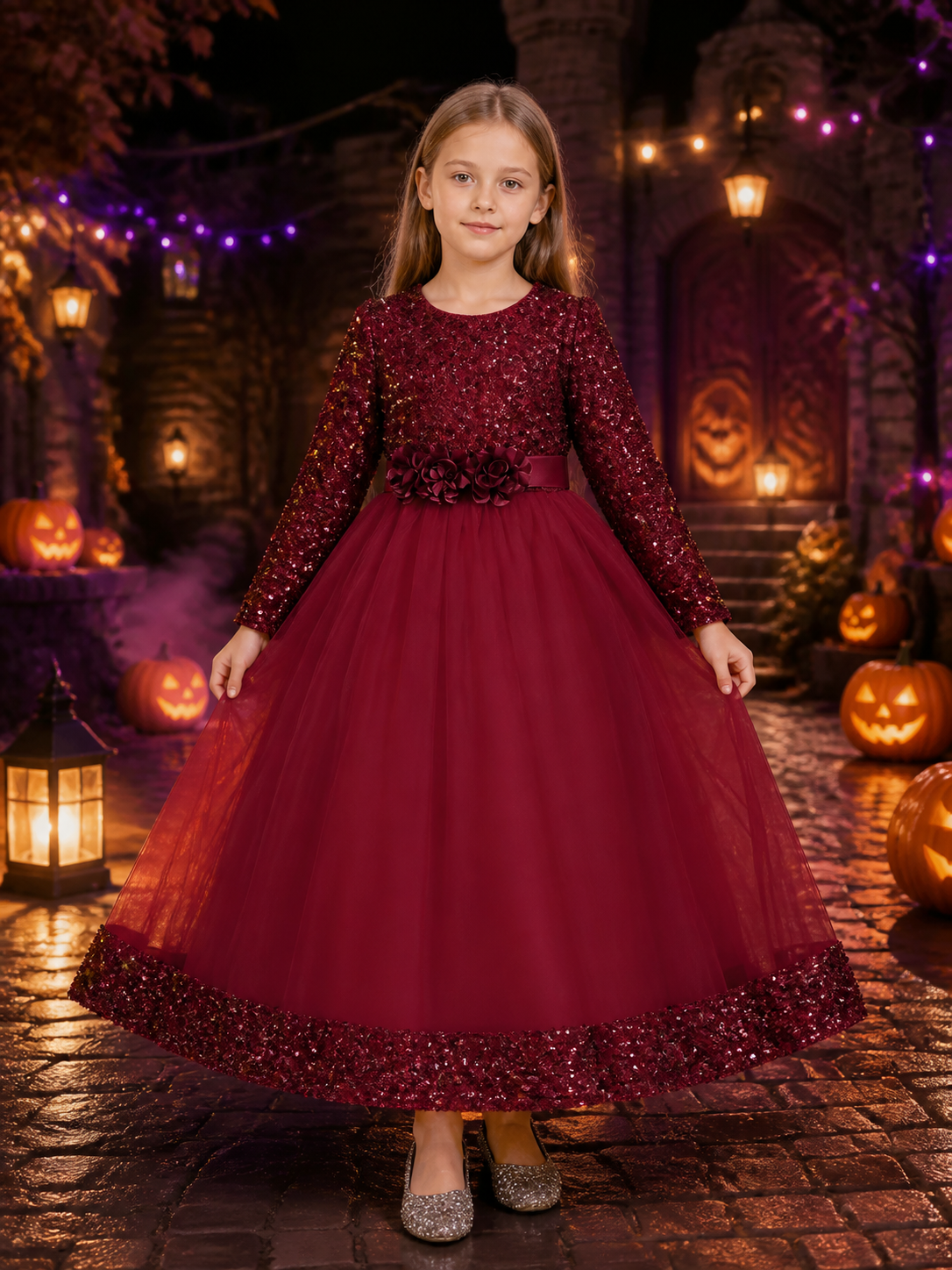 Girls' Maroon Sequined Princess Dress, Long Sleeve Floral Gown Halloween Costume Costume Dresses detail 2