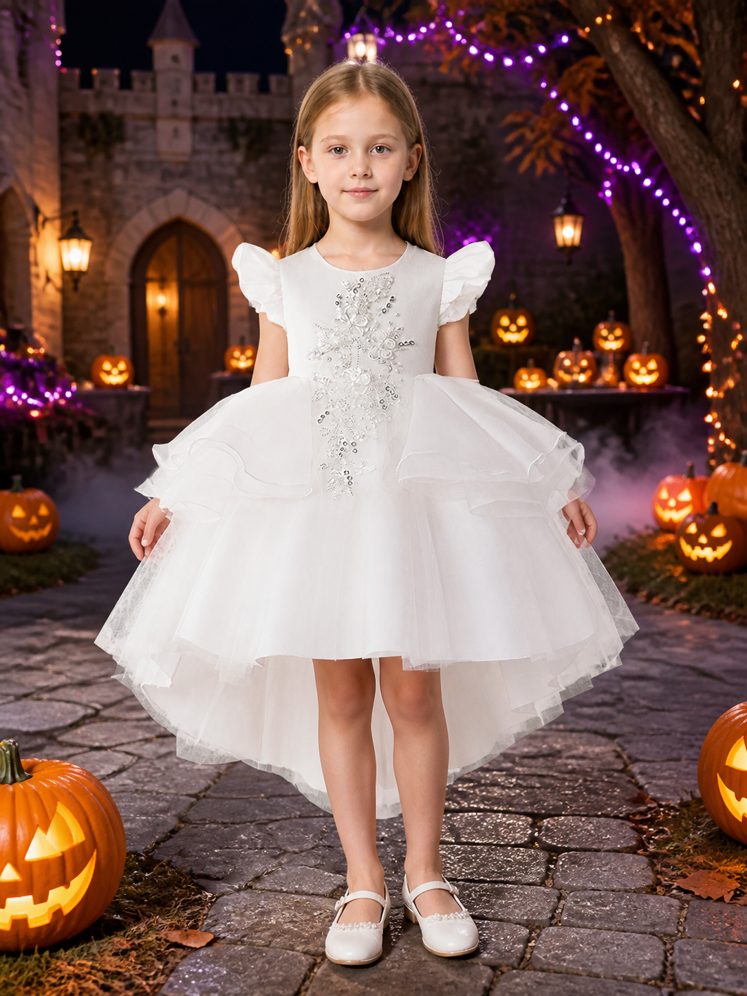 Girls' White Princess Dress, Layered Tulle Skirt with Lace Floral Embroidery and