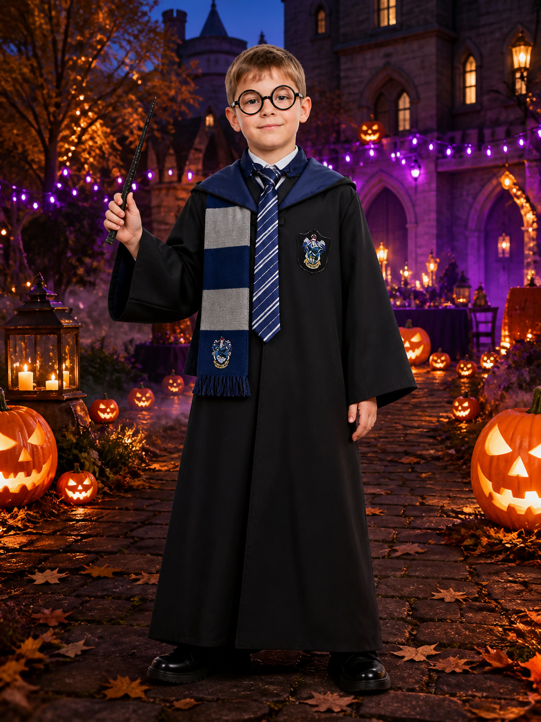Ravenclaw Wizard Costume Set, Hooded Robe with Scarf, Tie, Glasses and Wand Costume Accessories detail 2