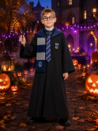 Ravenclaw Wizard Costume Set, Hooded Robe with Scarf, Tie, Glasses and Wand Costume Accessories detail 2