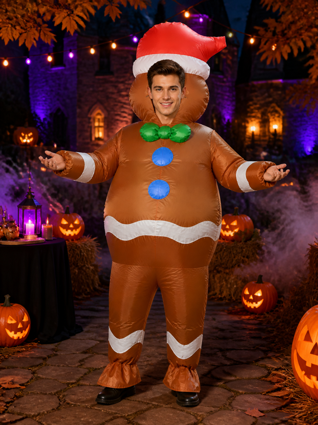 Gingerbread Man Inflatable Costume, Red Hat and Green Bow Tie, White Trim Costume Headwear detail 2