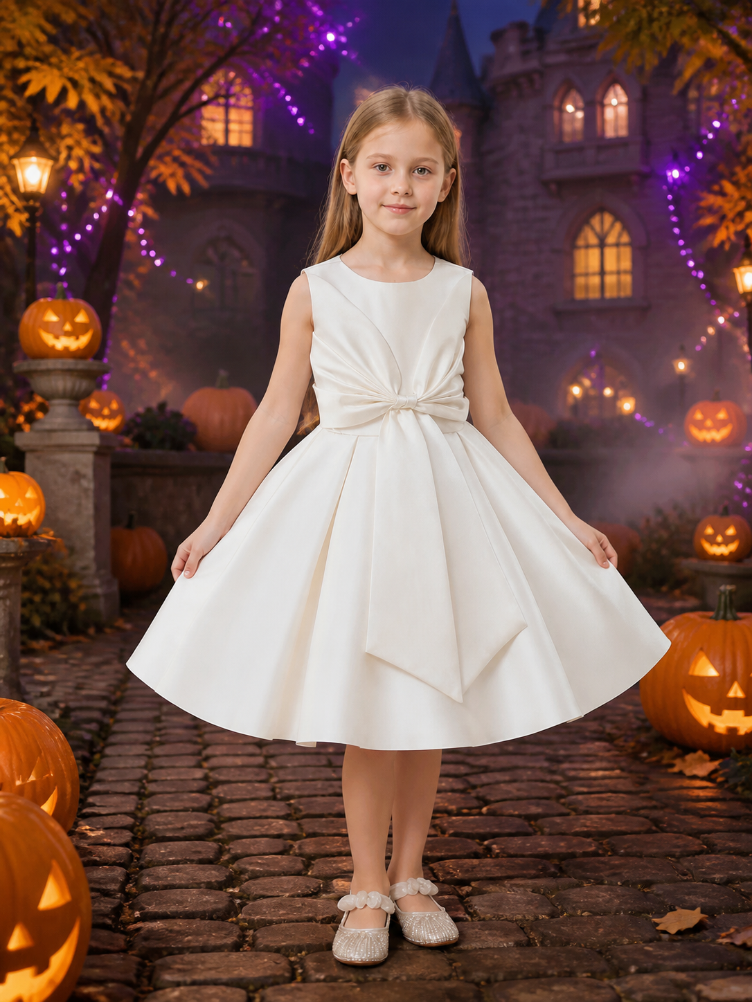Girls' White Princess Dress, Sleeveless Large Bow Formal Gown