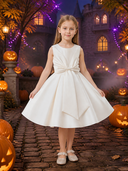 Girls' White Princess Dress, Sleeveless Large Bow Formal Gown
