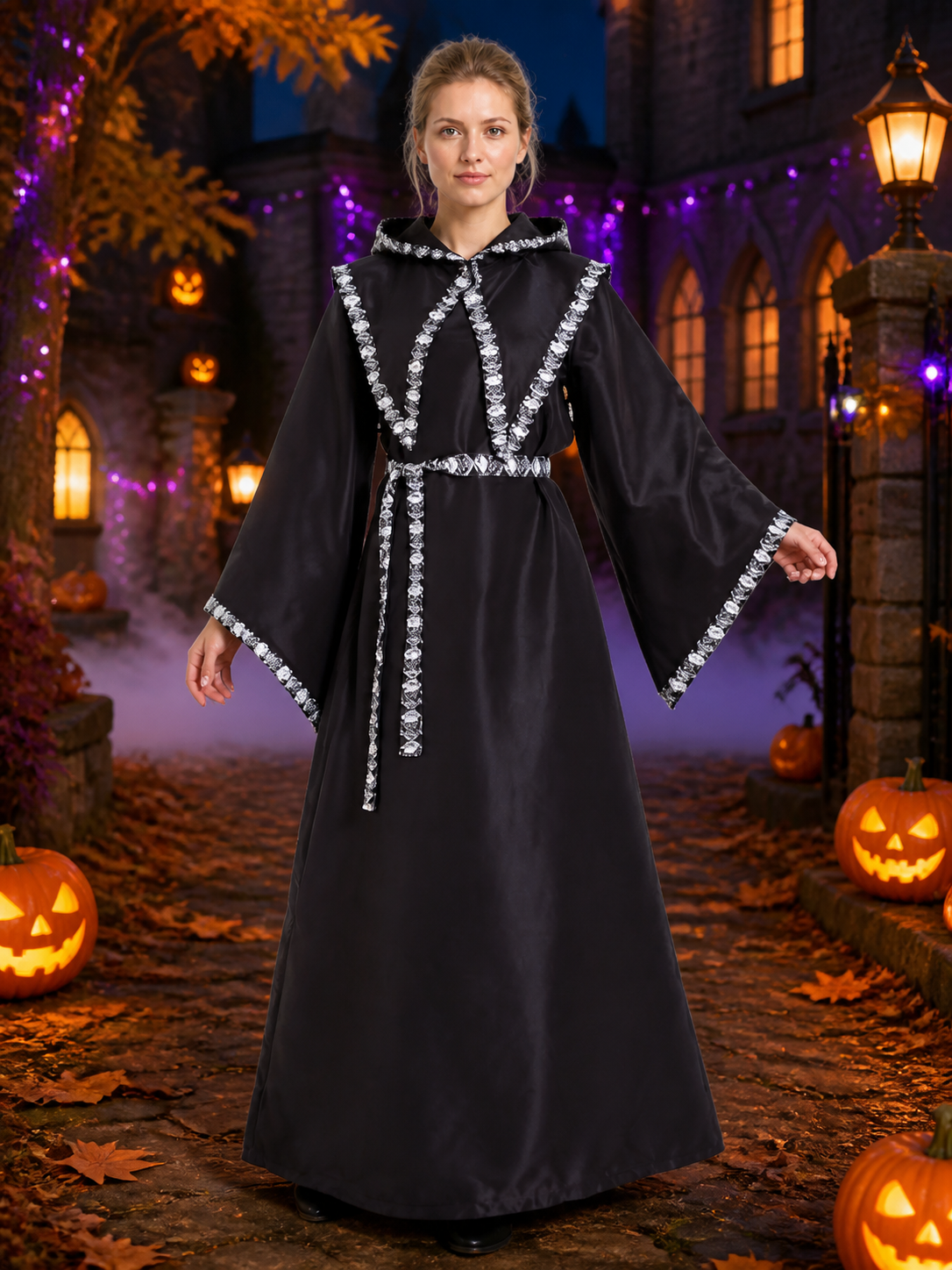 Adult Black Hooded Wizard Costume Set with Silver Trim and Belt, Long Robe Costumes detail 2