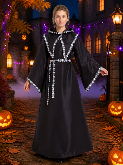 Adult Black Hooded Wizard Costume Set with Silver Trim and Belt, Long Robe Costumes detail 2