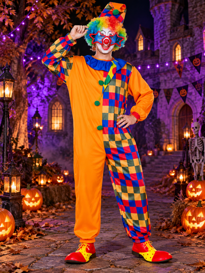 Adult Clown Costume: Jumpsuit, Wig, Mask, Hat