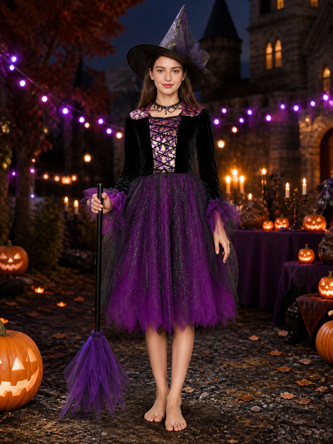 Adult and Kids Witch Costume Dress With Sparkling Purple-Black Fluffy Skirt Costume Dresses detail 2